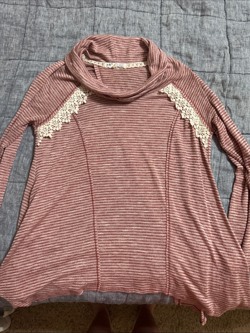 Women's Dusty Rose Striped Cowl Neck Sweater with Lace Trim Open Back